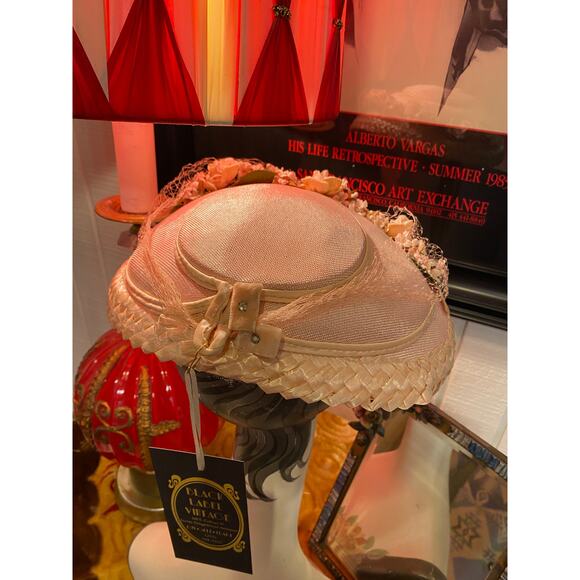 vintage 1950s pale pink saucer hat tulle and flowers 50s fashion easter wedding - Picture 6 of 8